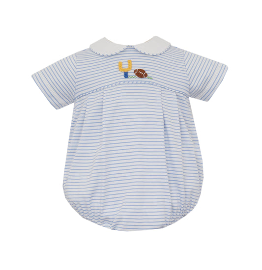 Blue and white striped baby romper with sports-themed embroidery on a white background