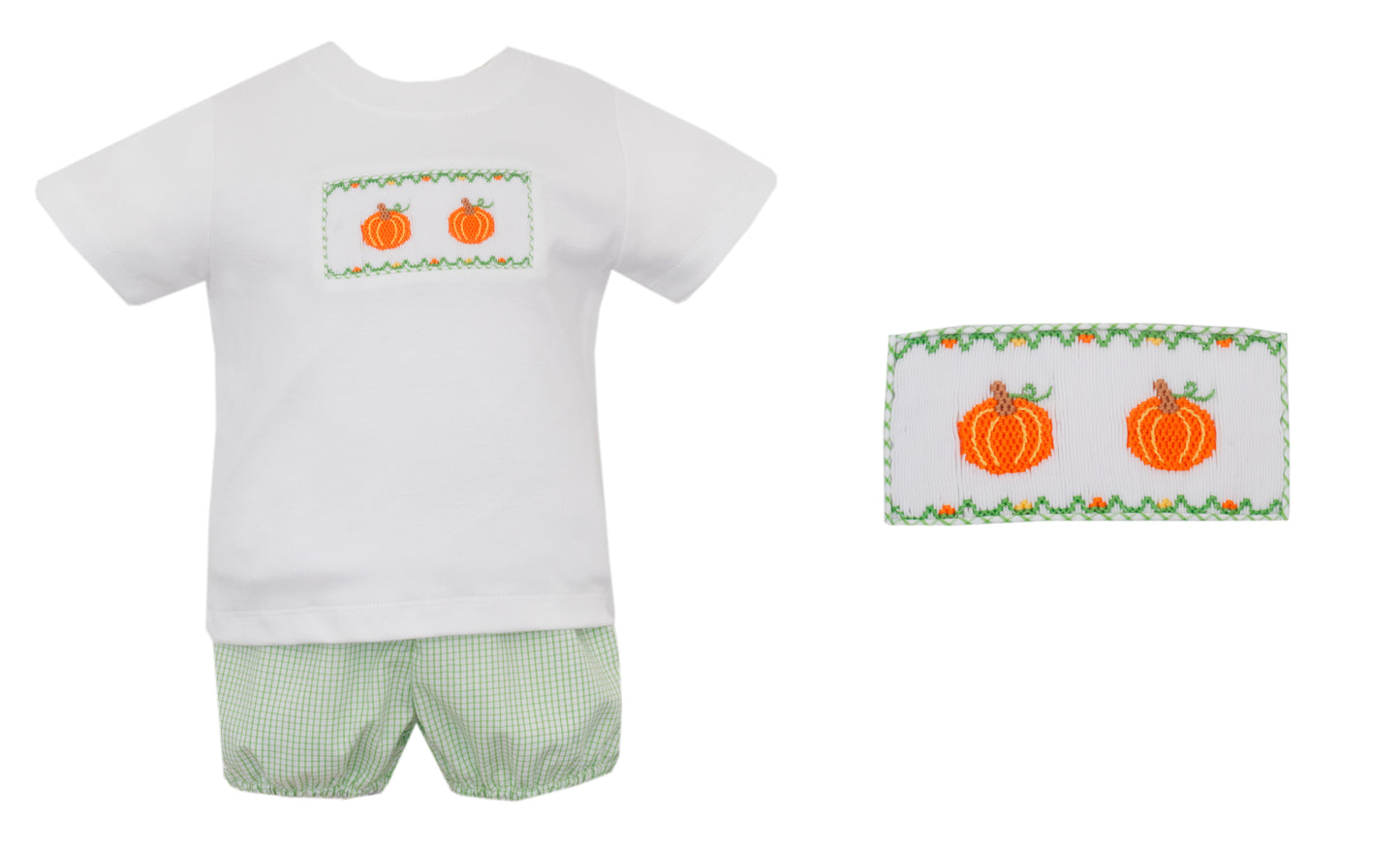 Children's outfit with white shirt and green shorts featuring pumpkin design on a white background