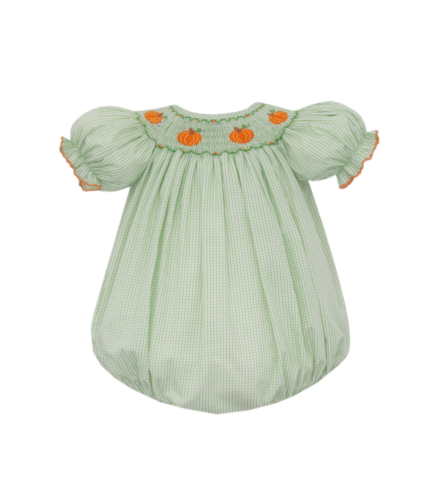 Green checkered baby dress with orange accents on a white background