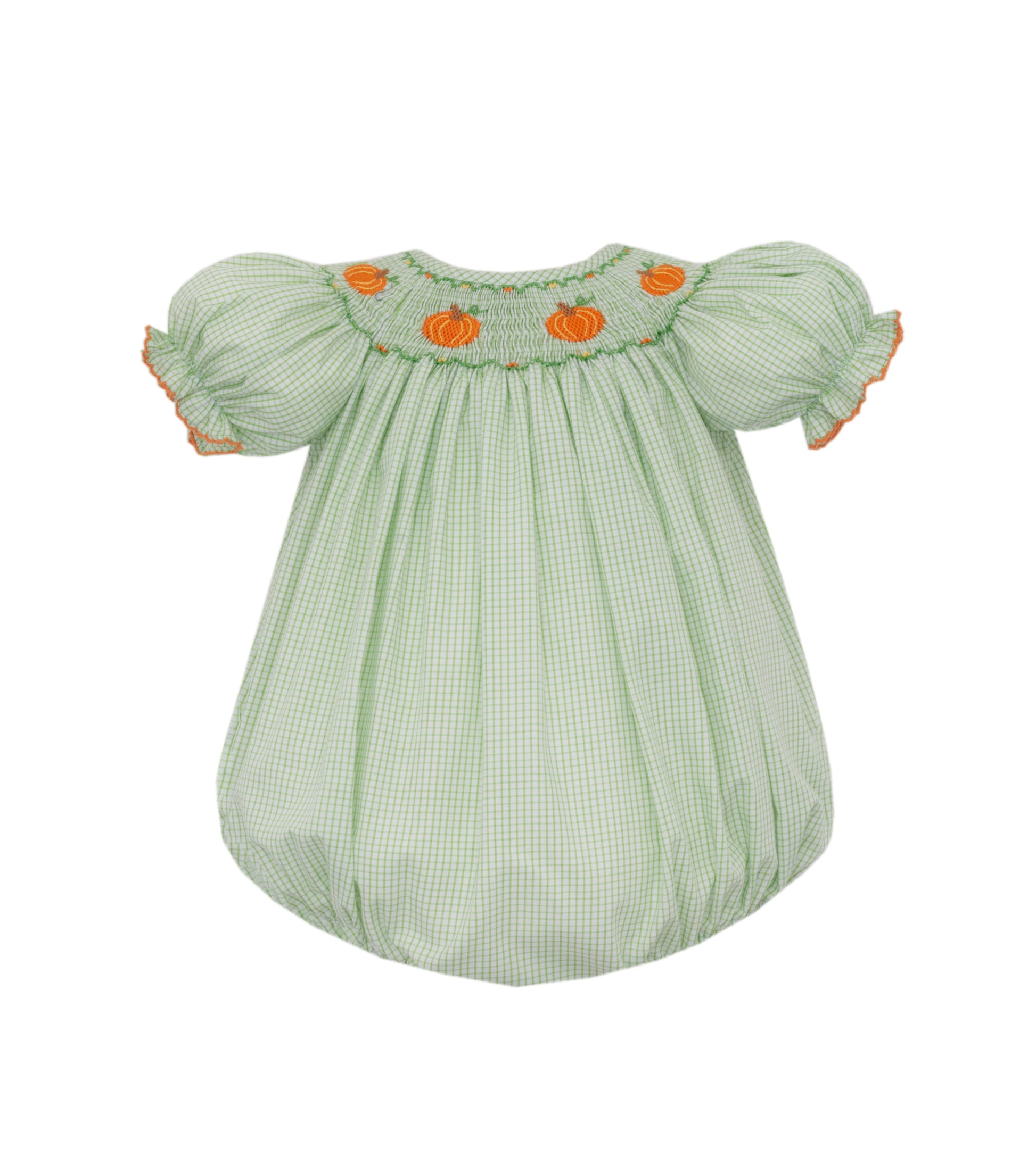 Green checkered baby dress with orange accents on a white background