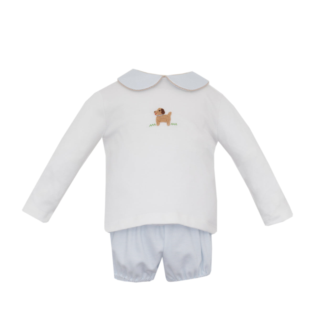 Baby outfit with long-sleeve shirt and shorts on a white background