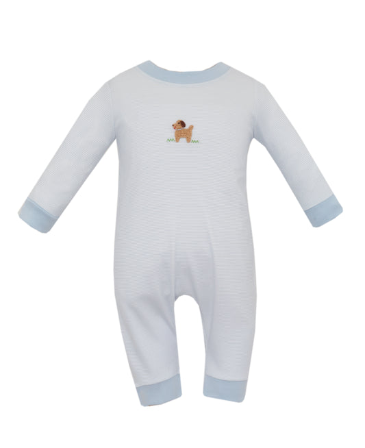 White baby onesie with blue trim and a small embroidered design on a white background