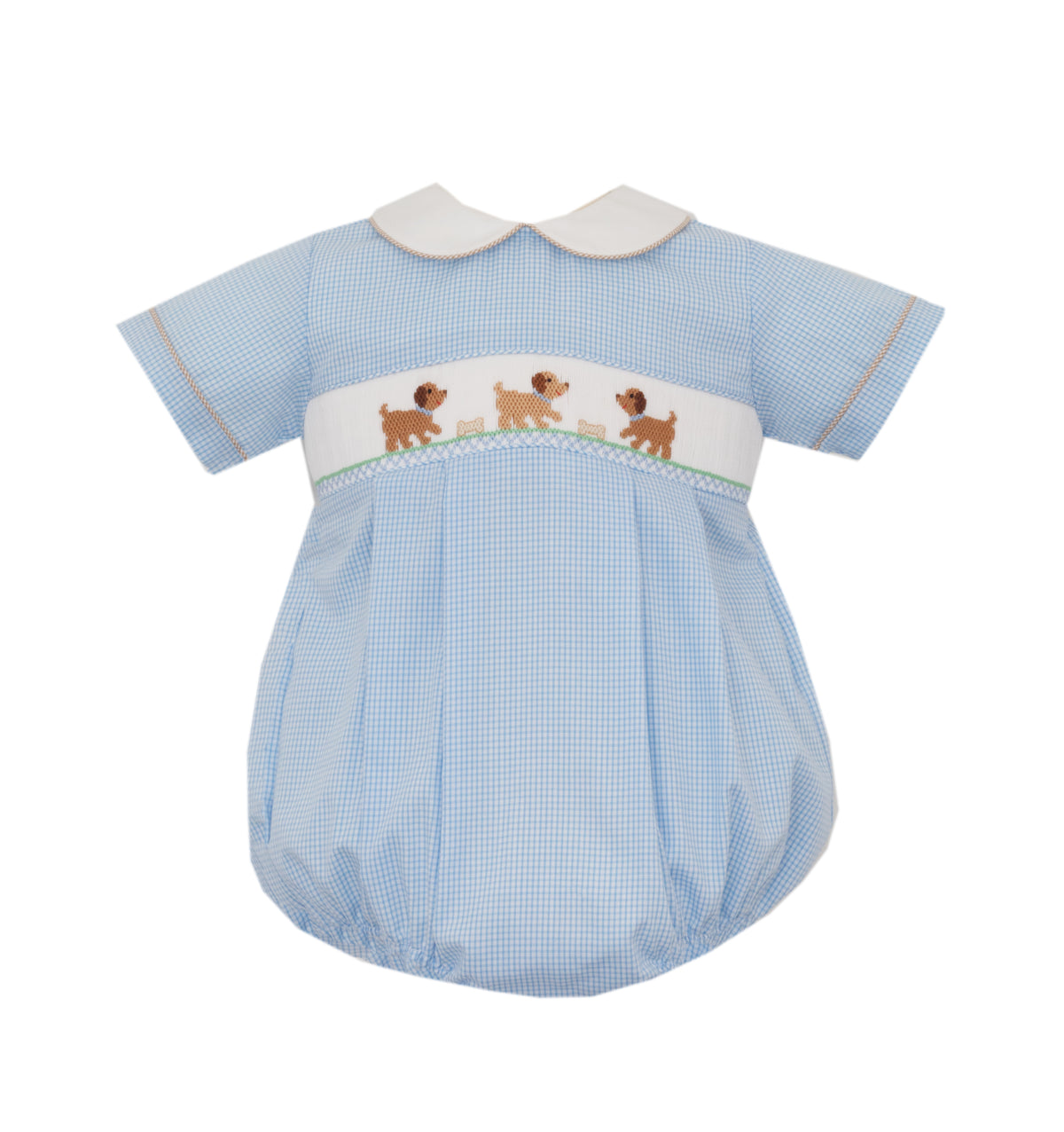 Blue checkered baby romper with embroidered details on a white background