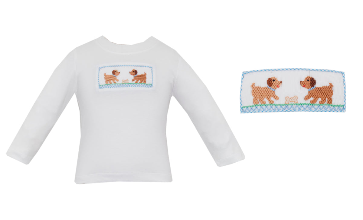 White long-sleeve shirt with embroidered design on a white background