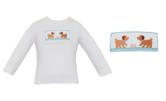 White long-sleeve shirt with embroidered design on a white background
