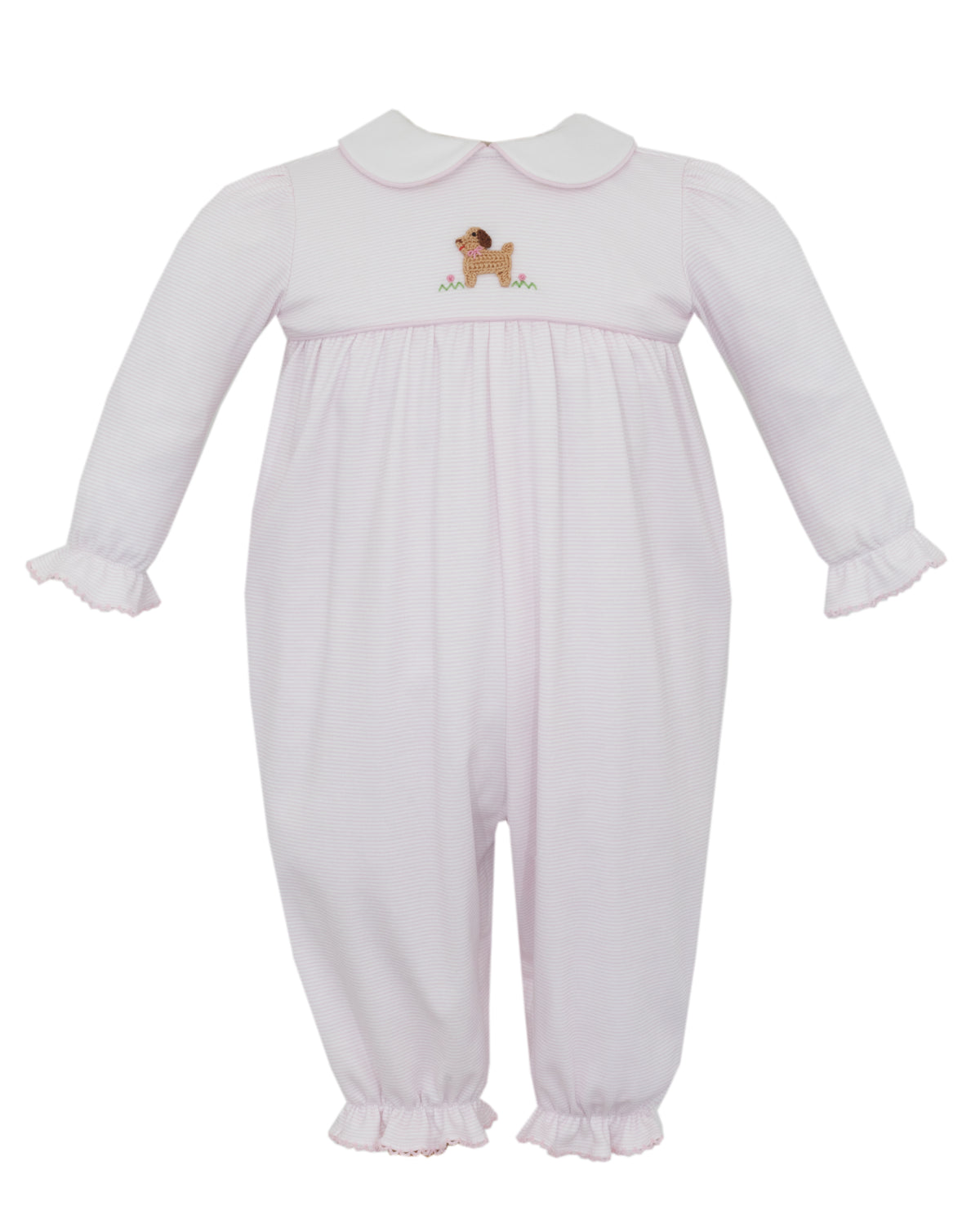 White baby romper with embroidered design on a white background