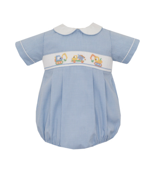 Blue checkered baby romper with embroidered details on a white background