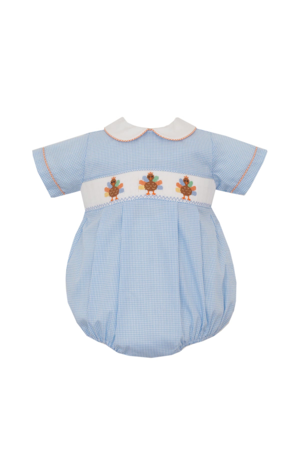 Blue baby romper with embroidered details on a white background