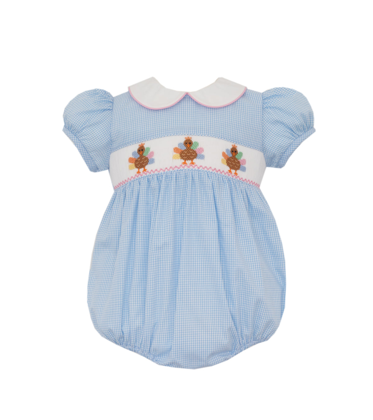 Light blue baby romper with embroidered design on a white background