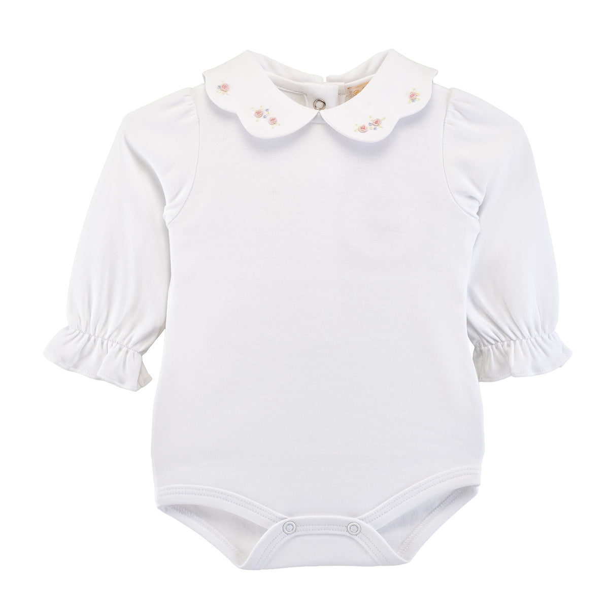 White baby bodysuit with a decorative collar on a white background