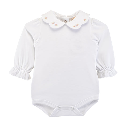 White baby bodysuit with a decorative collar on a white background