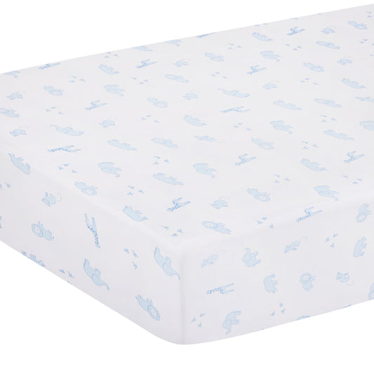 Little English classic pima bed sheet with blue safari animal motifs, for baby boy nursery 