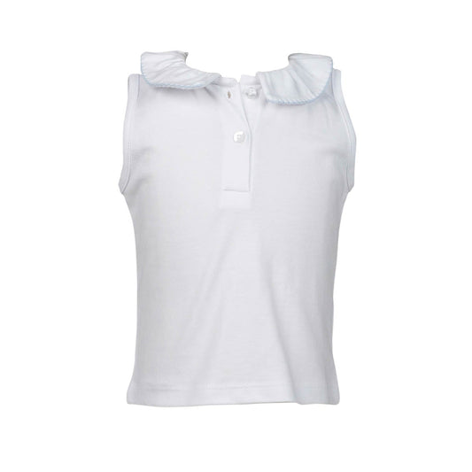 Blue Trim Ruffle Collar Sleeveless Shirt