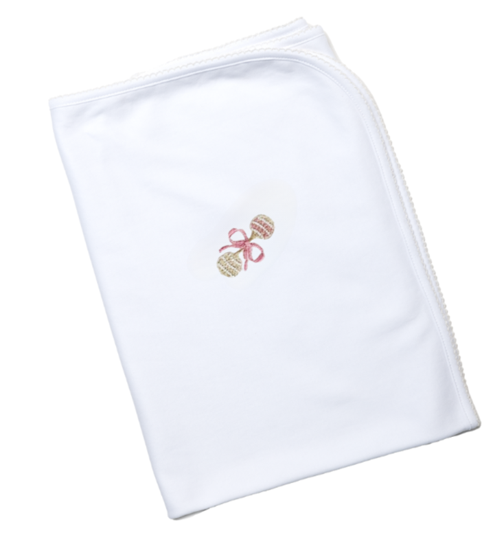 Baby Blanket, Pink Heirloom Rattle Embroidery