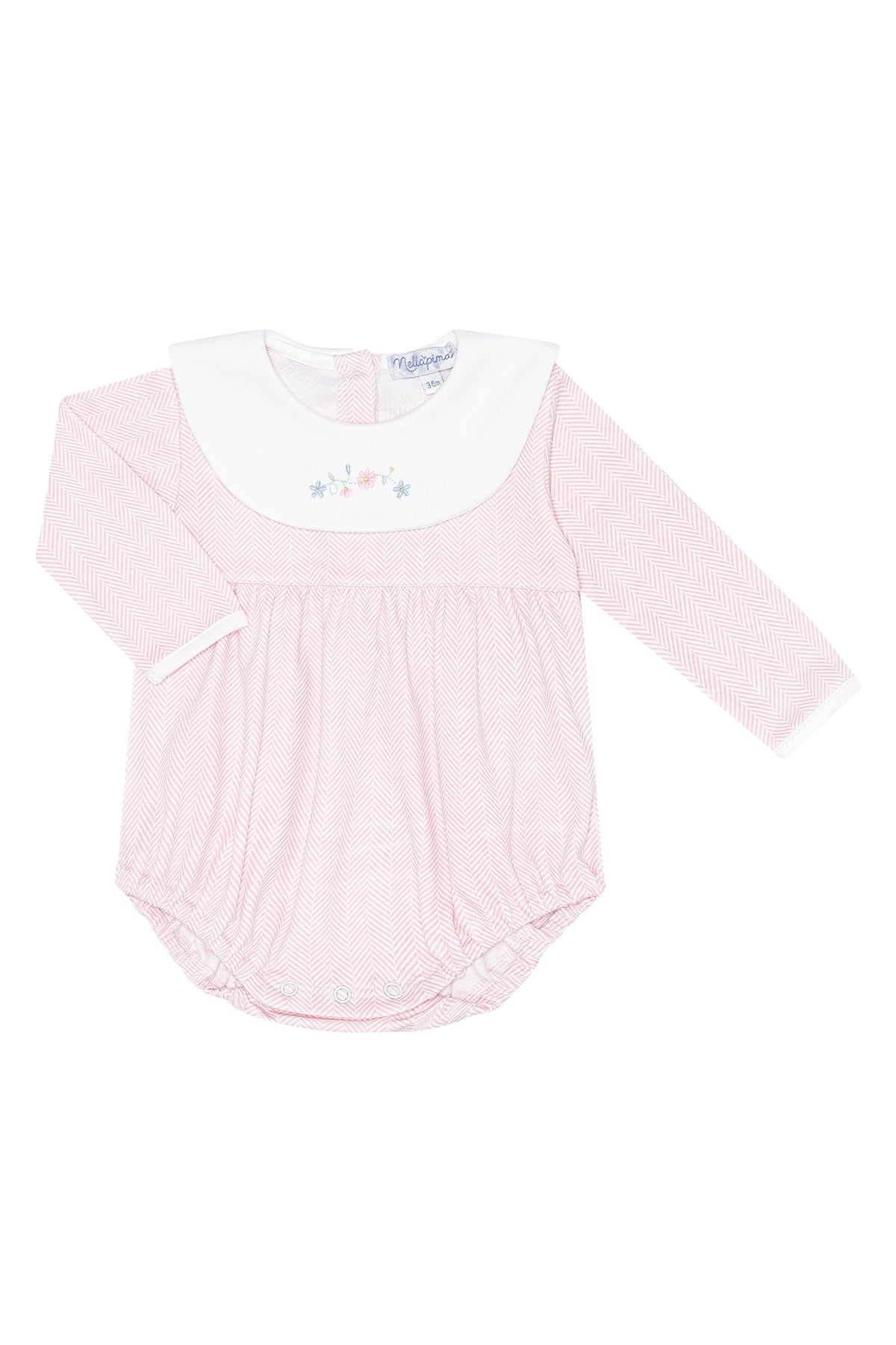 Pink baby outfit with white collar on a white background