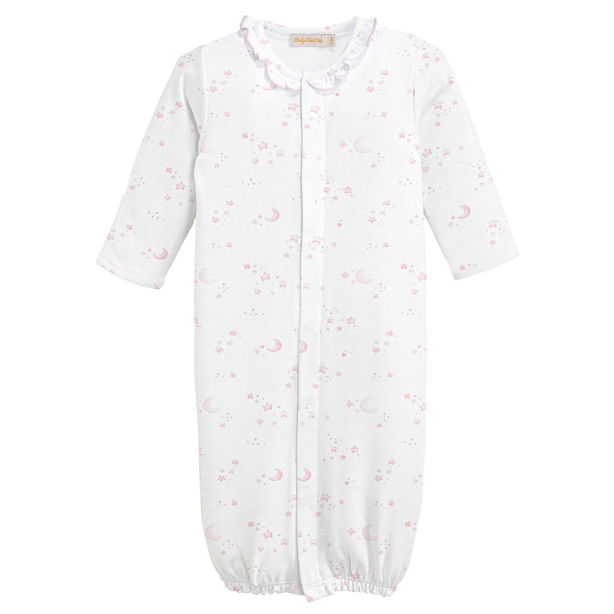 White baby gown with pink floral pattern on a white background