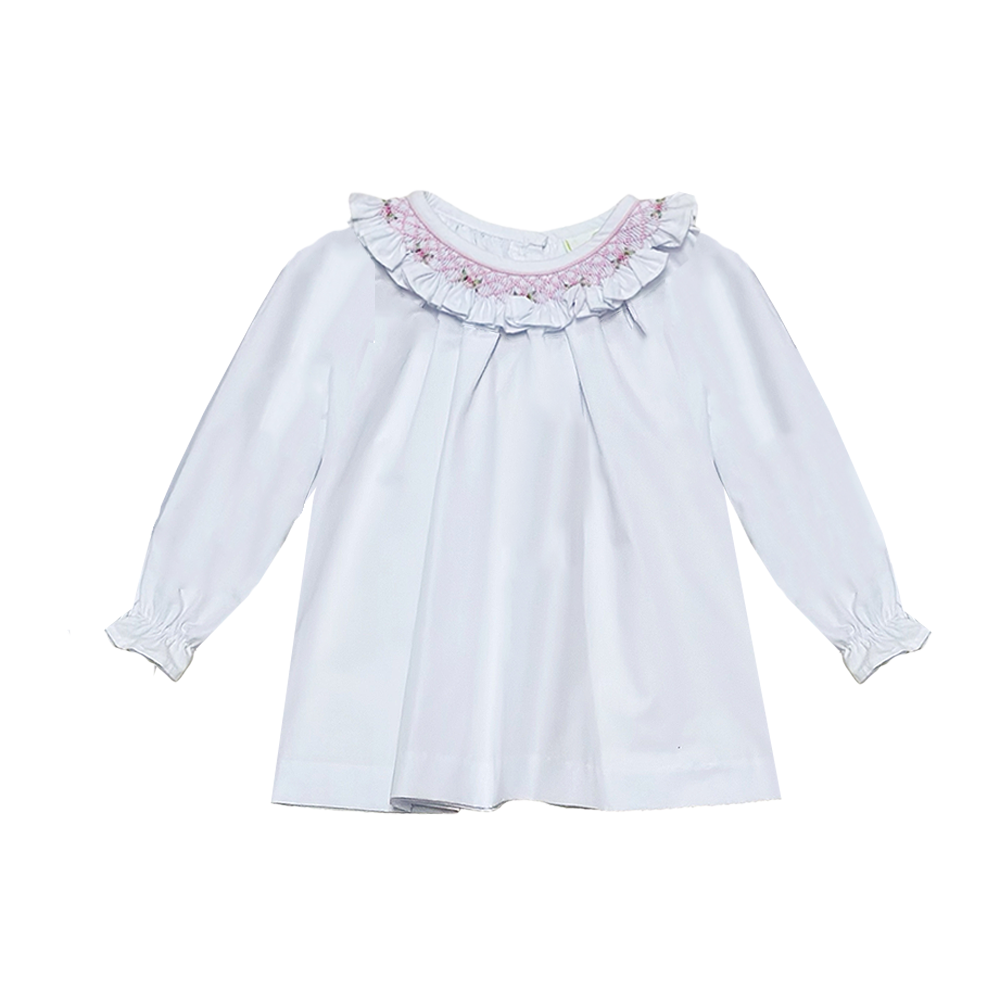 Scarlett Smocked Pink Flower Ruffle White Broadcloth Blouse