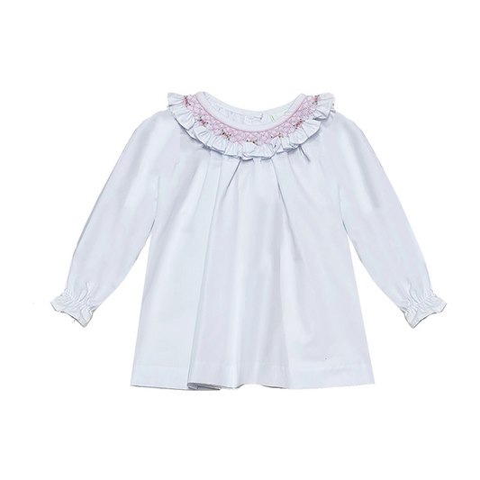 Scarlett Smocked Pink Flower Ruffle White Broadcloth Blouse