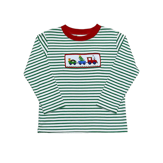 Christmas Train Smocked Green Striped Long Sleeve T-Shirt