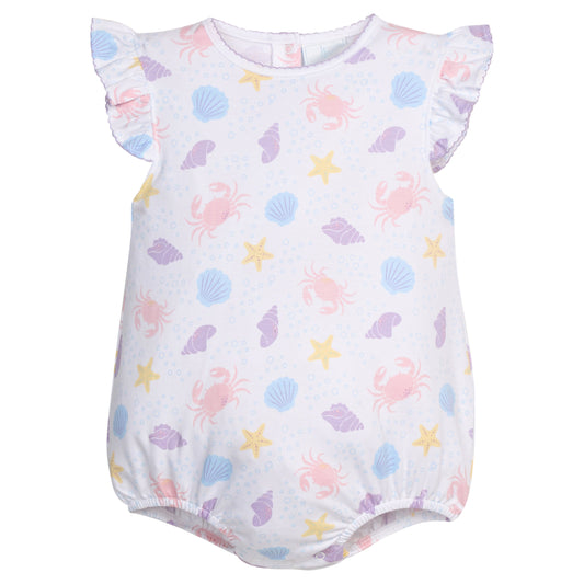 Little English classic printed angel sleeve bubble with purple, pink, blue, and yellow seashell motifs, with flutter sleeves, for baby girl 