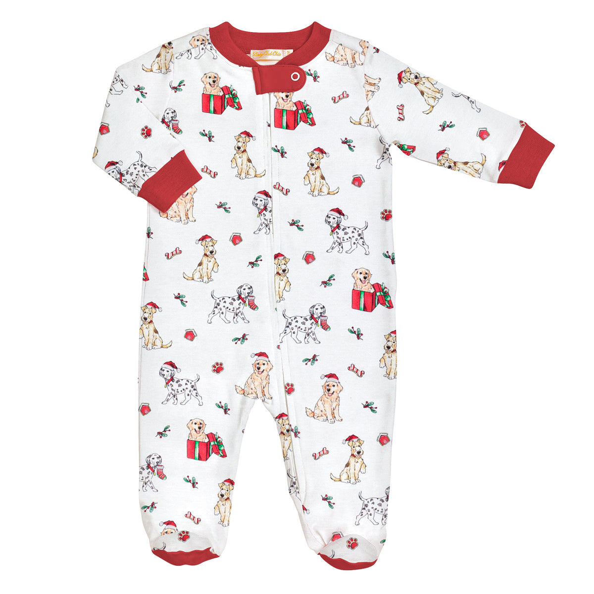 Baby onesie with Christmas dog pattern on a white background