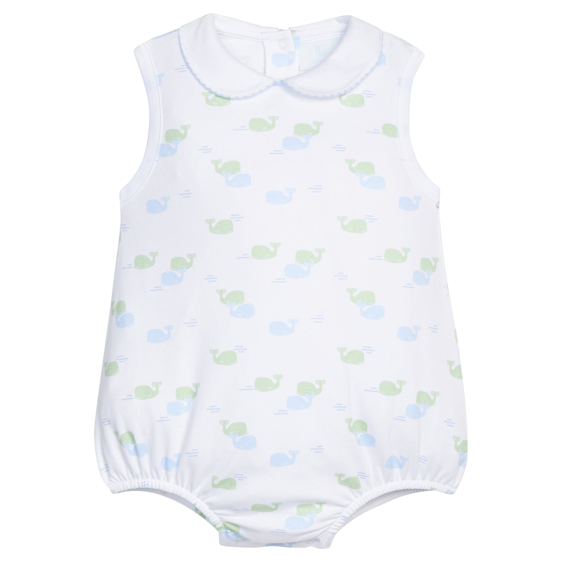 Little English classic printed peter pan bubble with blue and green whale motifs, for baby boy