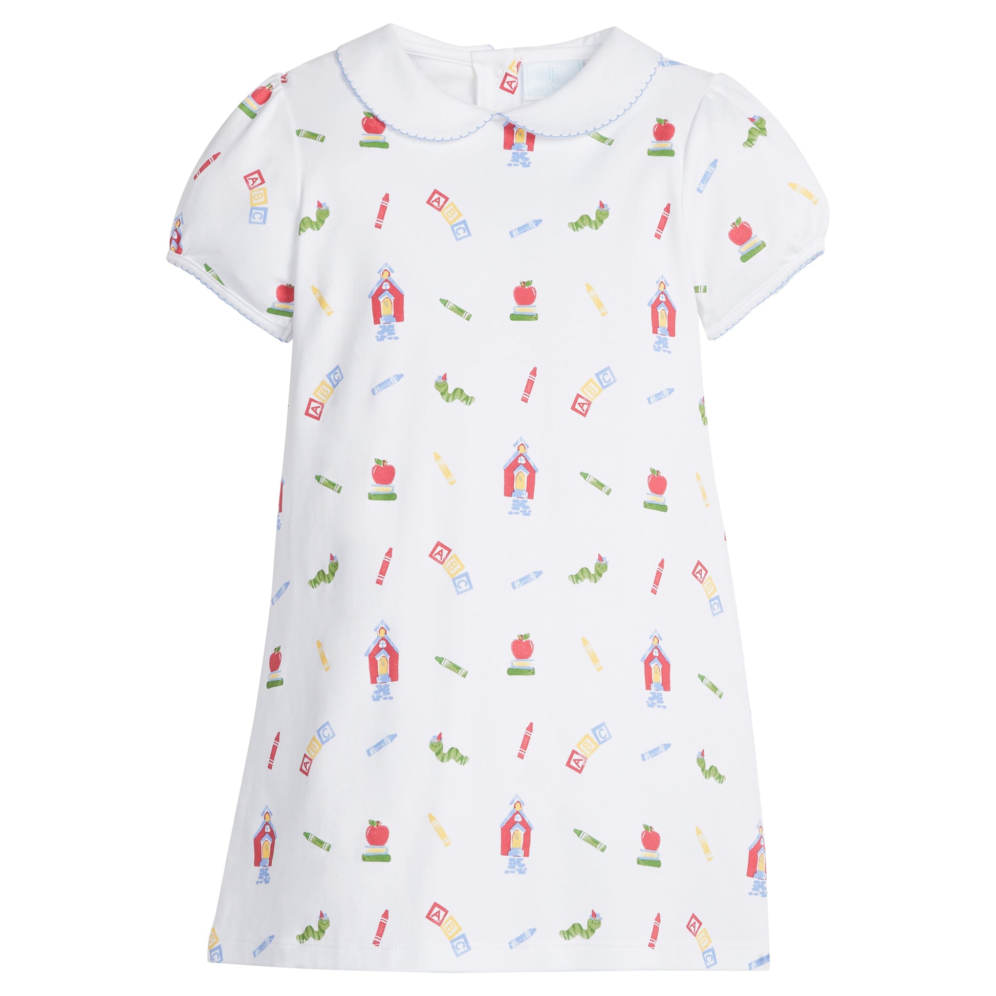 Little English classic knit dress for little girls. White cotton dress with peter pan collar and back to school print.