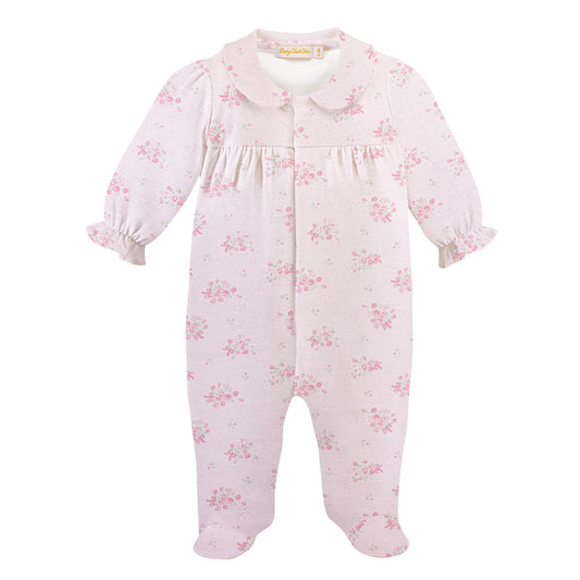 Pink floral baby onesie on a white background