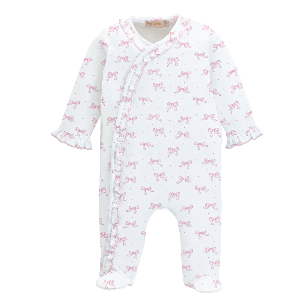 Baby onesie with pink bow pattern on a white background