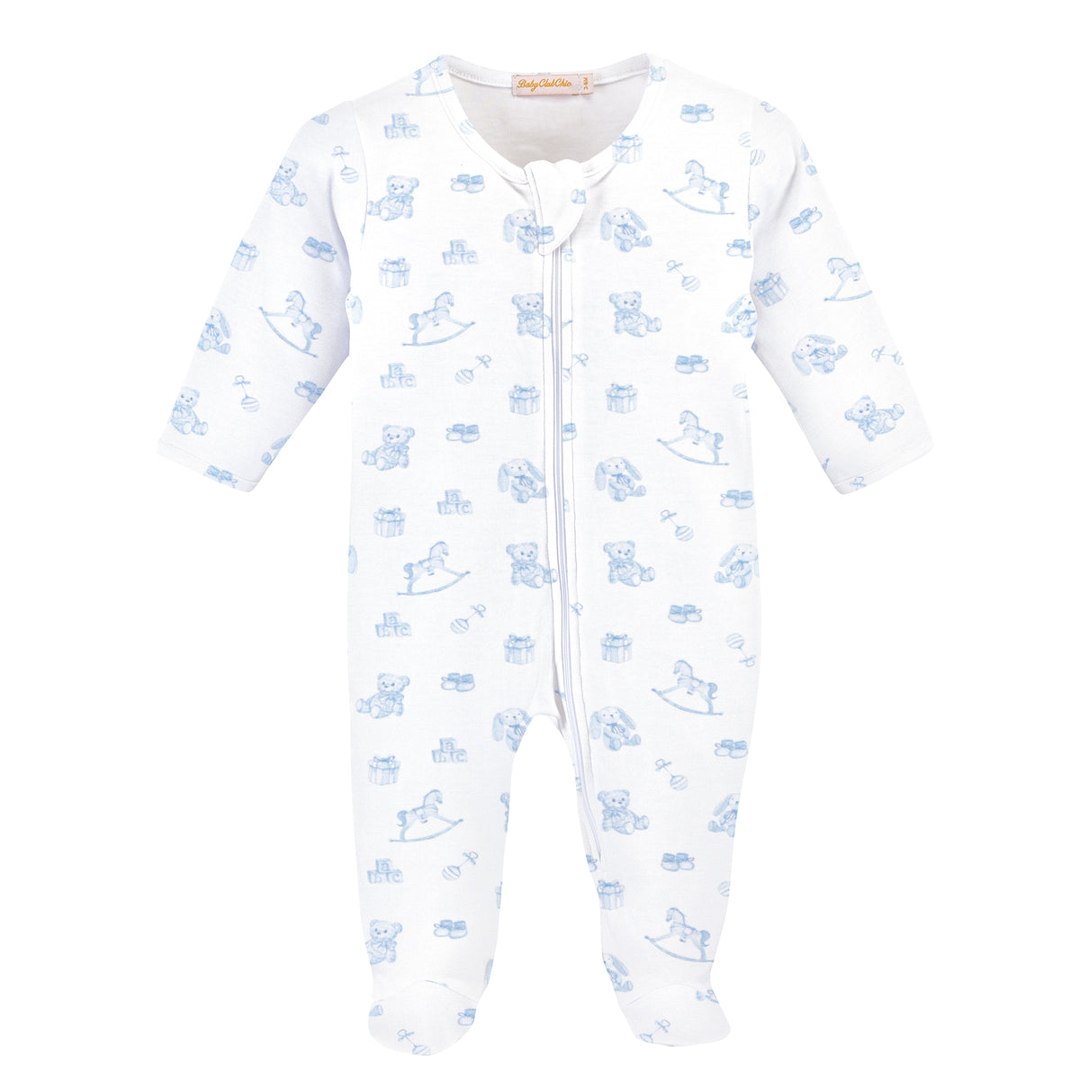 White baby onesie with blue bear pattern on a white background