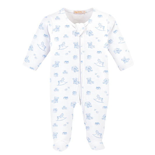 White baby onesie with blue bear pattern on a white background