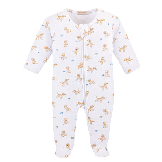 Baby onesie with dog pattern on a white background