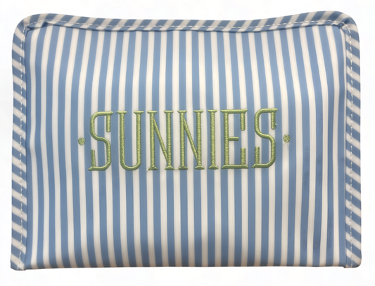 Medium Roadie Zip Pouch, Chambray Pimlico Stripe: Sunnies Embroidery