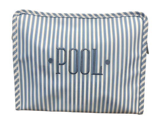 Large Roadie Zip Pouch, Chambray Pimlico Stripe: Pool Embroidery