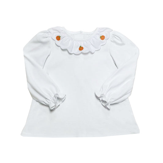 Pumpkin Embroidered Scalloped Collar White Knit Blouse