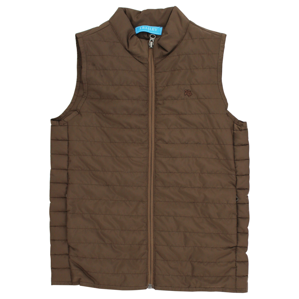 Brown puffer vest with a brand logo on a white background