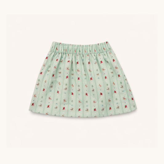 Green skirt with small red pattern on a white background