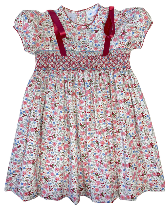 Pink & Blue Floral Print Smocked Dress with Satin Shoulder Ties