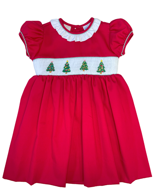 Girl's Red Smocked Waist Christmas Trees White Ruffle Neckline Dress