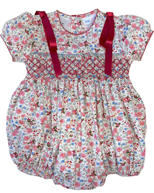 Pink & Blue Floral Print Smocked Bubble with Satin Shoulder Ties