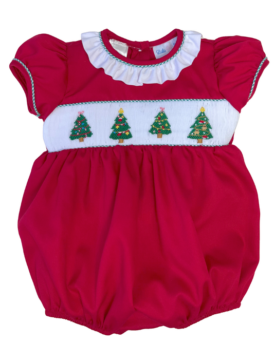 Girl's Red Smocked Waist Christmas Trees White Ruffle Neckline Bubble