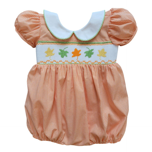 Fall Leaves Smocked Orange Gingham Girl Bubble