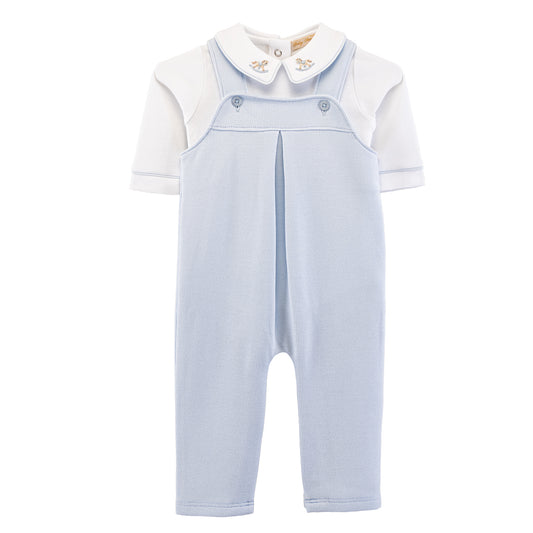 Light blue baby romper with white shirt on a white background