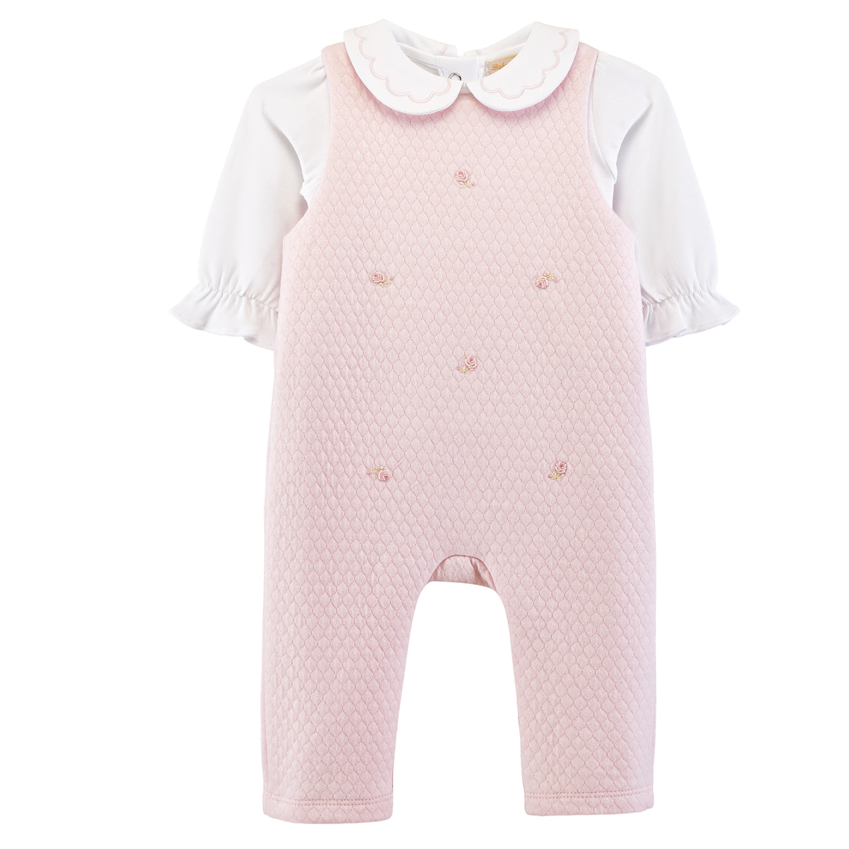 Pink quilted romper with white collar and sleeves on a white background