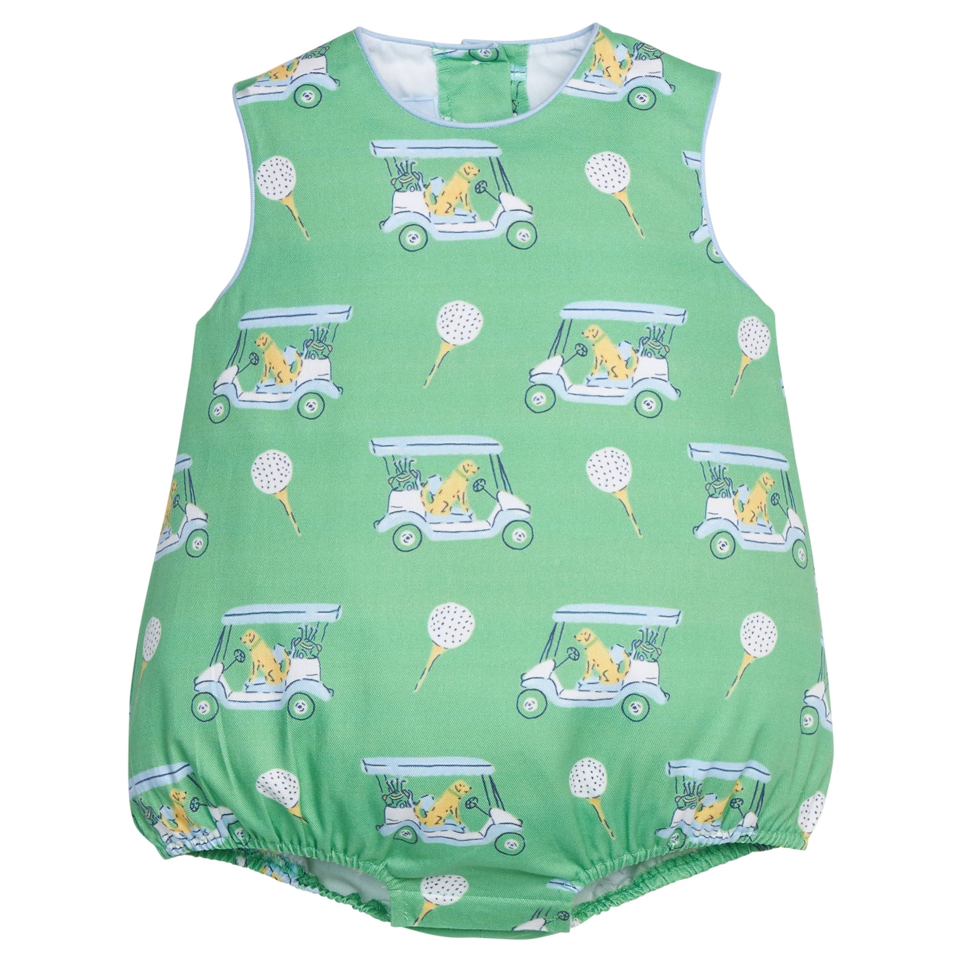 Little English traditional children's clothing.  Green golf cart print bubble for baby boys.