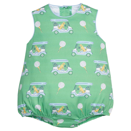 Little English traditional children's clothing.  Green golf cart print bubble for baby boys.