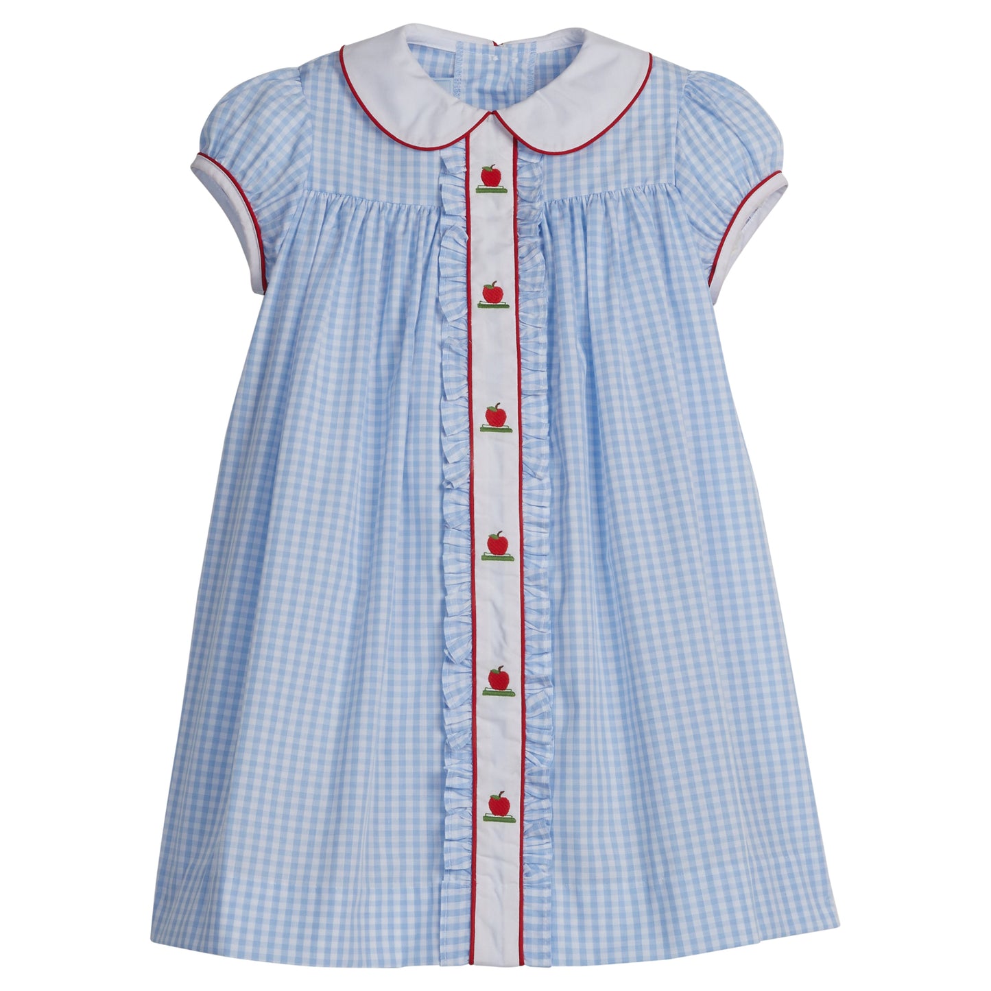 Little English classic dress for little girls. Light blue gingham dress with peter pan collar and apple embroidery for back to school.