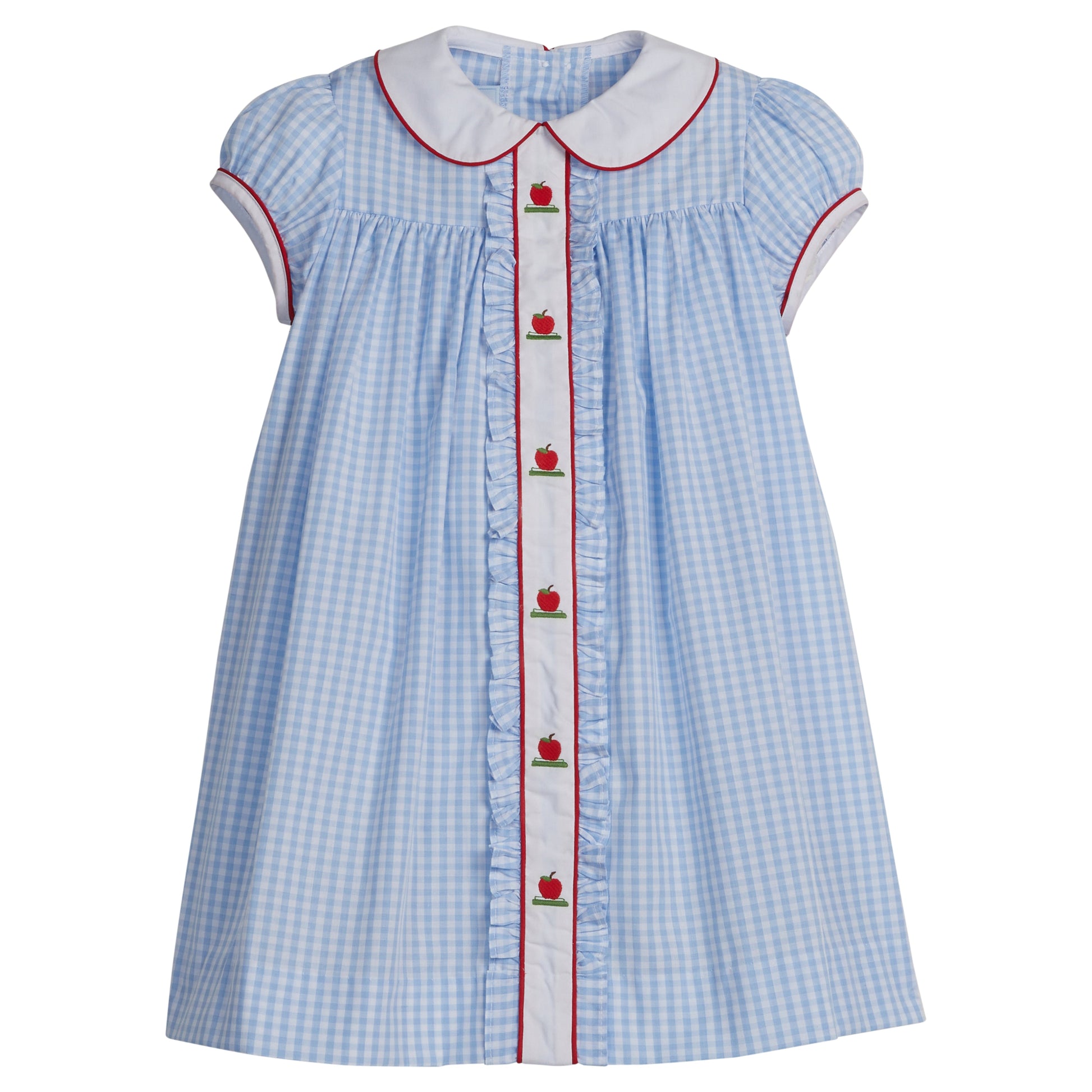 Little English classic dress for little girls. Light blue gingham dress with peter pan collar and apple embroidery for back to school.