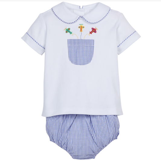 Airplanes Embroidered Blue Gingham Diaper Set