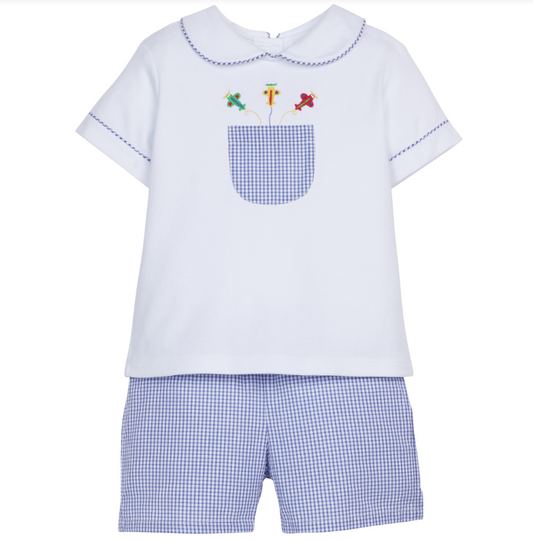 Airplanes Embroidered Blue Gingham Short Set